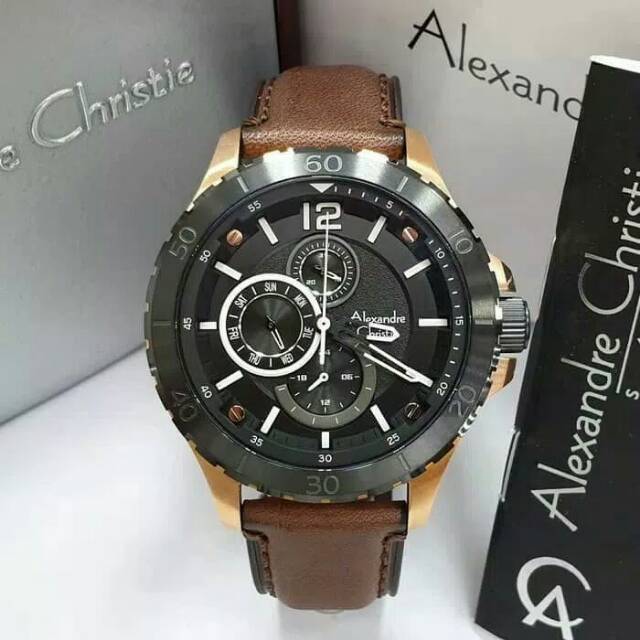 JAM TANGAN PRIA / COWOK ALEXANDRE CHRISTIE ROSE GOLD BLACK TALI KULIT BROWN   - AC 6510 HITAM COKLAT