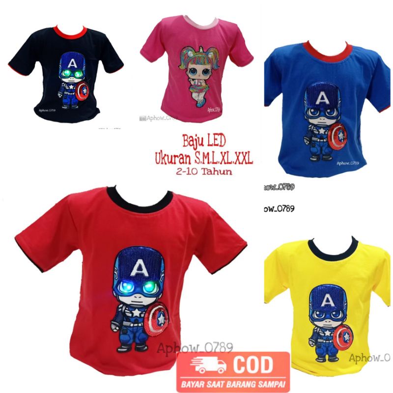 baju anak karakter LED kerah list / kaos anak karakter bisa nyala usia 2-10tahun