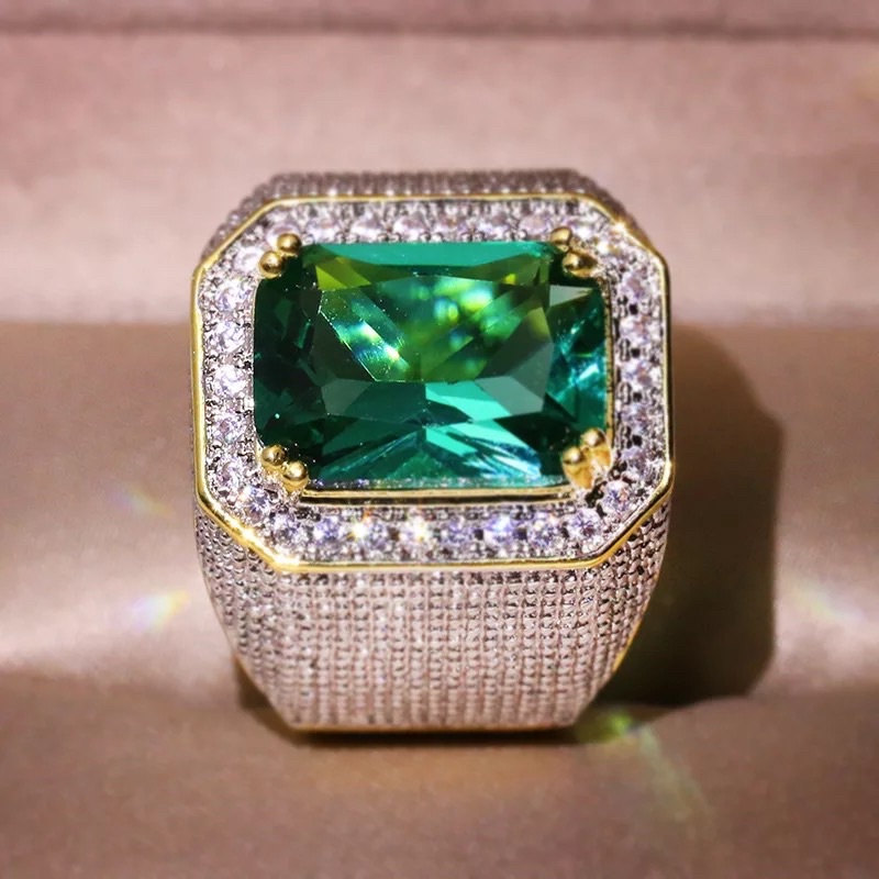 Cincin Pria Mewah Berkelas Batu Akik Permata Zamrud Green Emerald Cubic Zirconia Ring Gold Platted