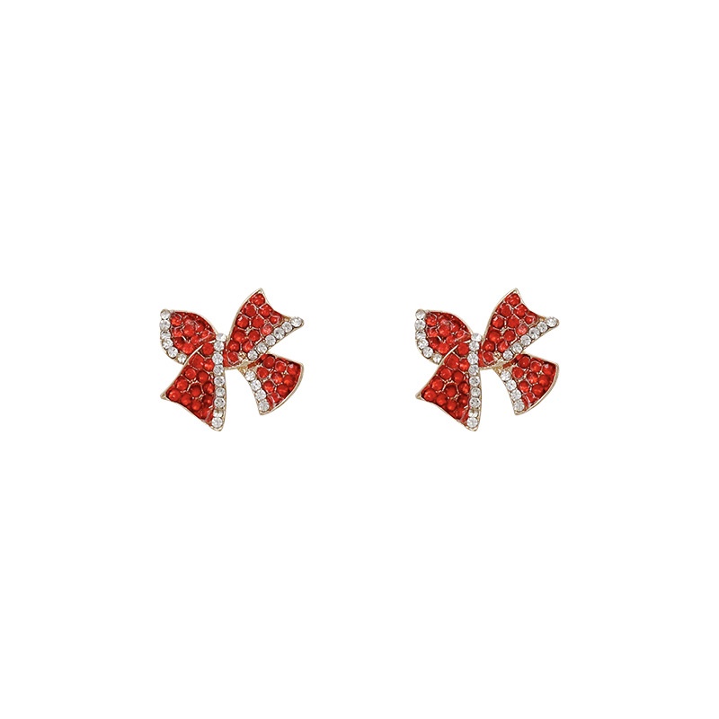 Anting Stud S925 Silver Needle Bentuk Pita Warna Merah Aksen Berlian