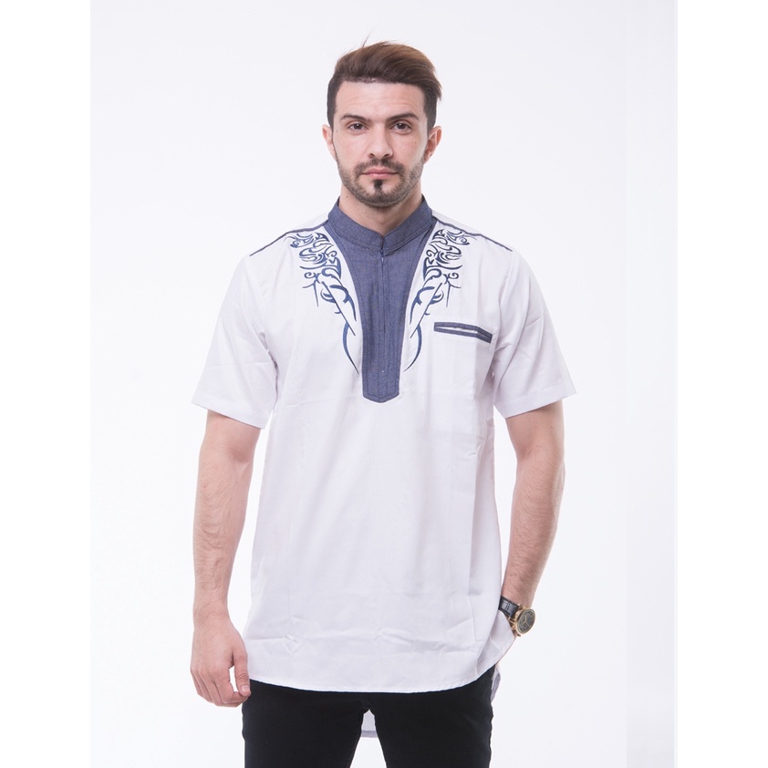 Baju Koko CHAMBRAY Putih Lengan Pendek Fashion Muslim Pria Atasan Distro Terbaru
