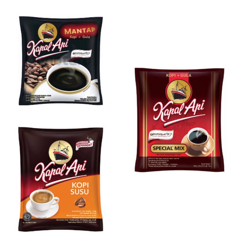 

Kapal api special mix, kopi susu, mantap 1 renteng (10sch)