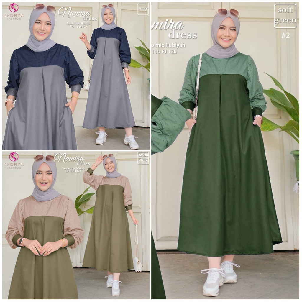 Shofiya Namira Dress Midi Jumbo Toyobo Rubiah Motif Polos Dress Muslim Wanita LD 110