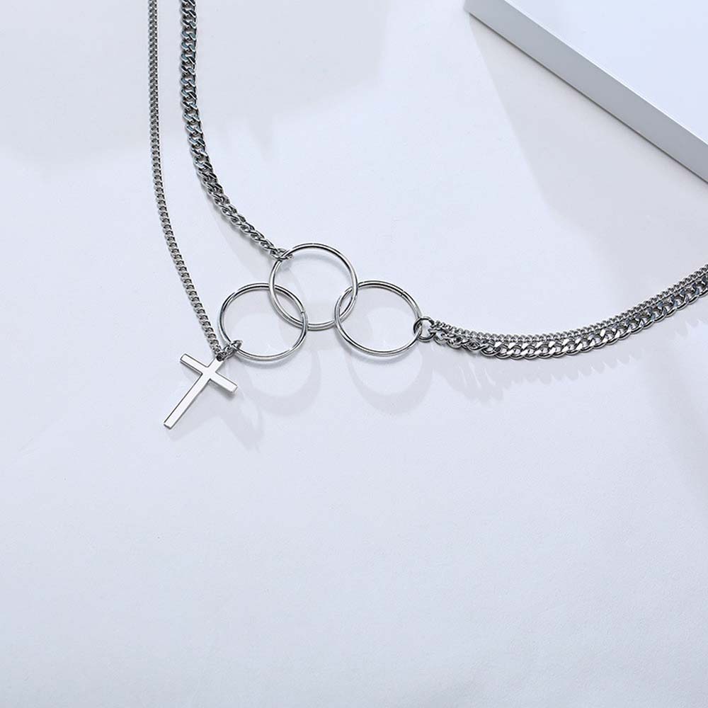 Needway  Trendy Circle Necklaces Punk Choker Clavicle Chain Metal Linked Double Layers Cross Pendant Men For Women Harajuku Fashion Jewelry/Multicolor