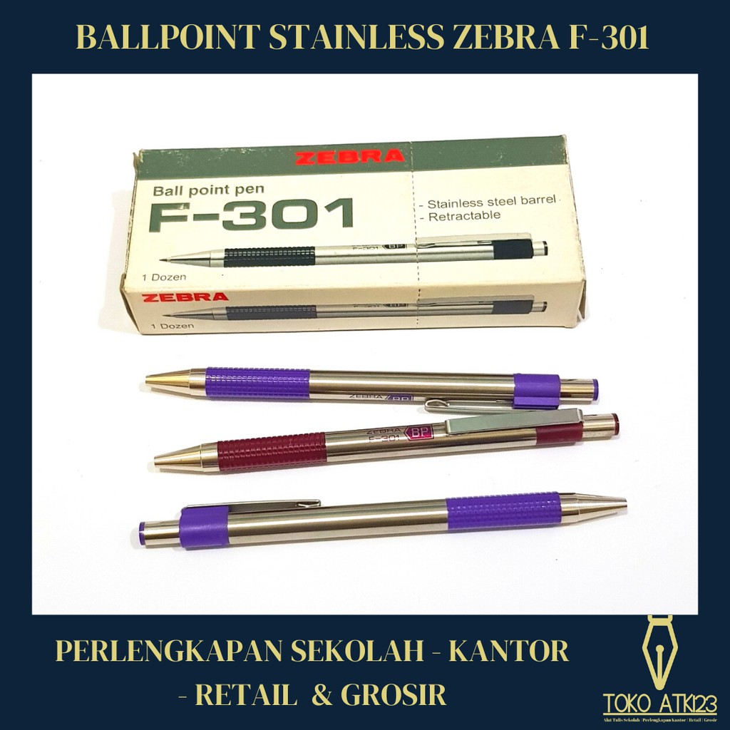 Ballpoint / Bolpen / Pulpen Merk Zebra F-301 Body Stainless Hitam