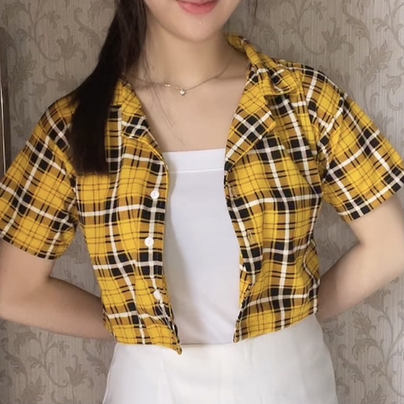 Kayshop - Kemeja Crop Kotak Lengan Panjang Murah Style Korea Kekinian | Kemeja Crop Oversize Wanita/