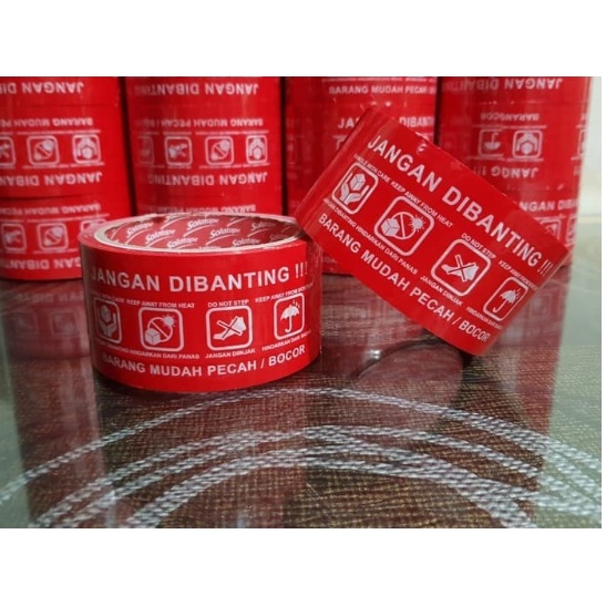 PACKING LAKBAN FRAGILE ISOLASI LEM SELOTIP WARNA MERAH TAPE ONLINE SET KARGO EKSPEDISI PECAH BELAH