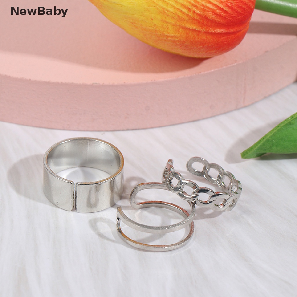 Newbaby Set Cincin Metal Tembaga Bulat Hollow Out Adjustable Gaya Hip Hop Punk Untuk Wanita