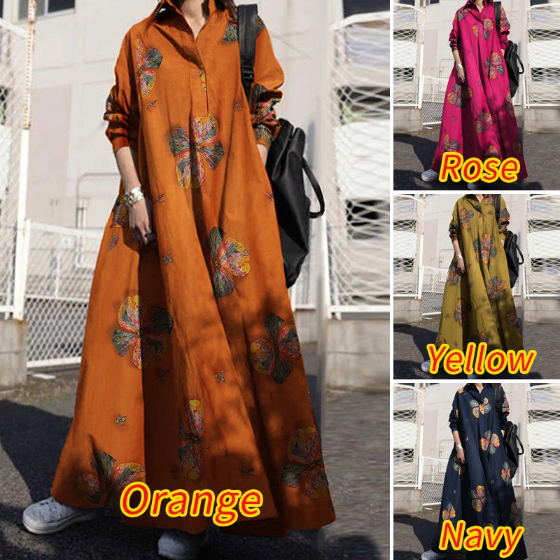 ZANZEA Women Long Sleeve Lapel Collar Button Cuffs Swing Maxi Dress