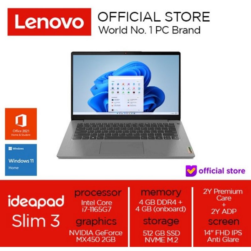 Lenovo Ideapad Slim 3i Core i7-1165G7 8GB 512SSD MX450 2GB WIN 11+OHS 2021