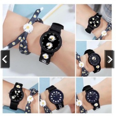 (BW) Jam Tangan Wanita Quartz Analog Motif Bunga Daisy Bahan Nilon Kanvas