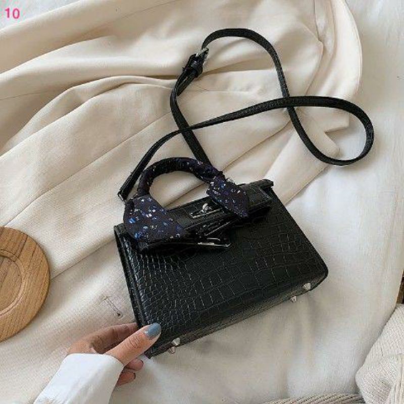 Tas kecil Croco wanita tali Panjang hitam