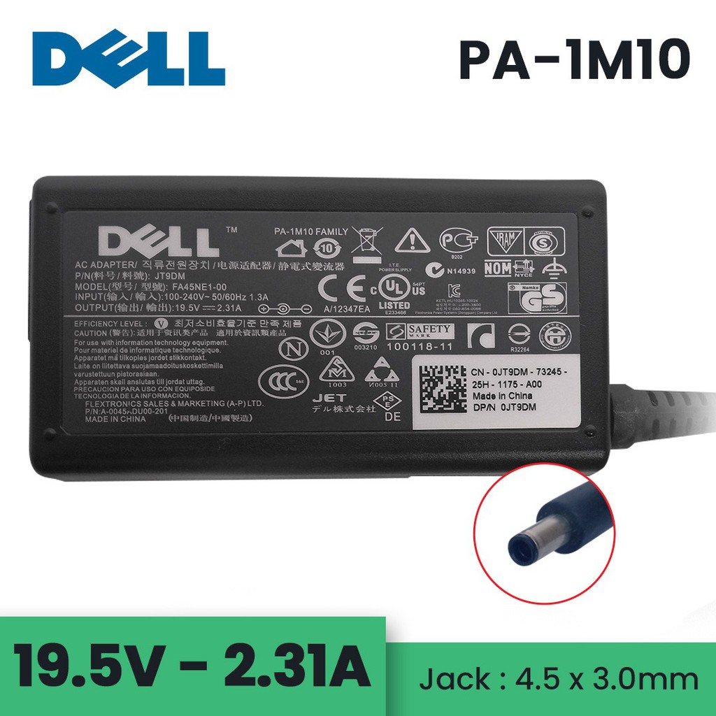 Adaptor charger laptop 19v 2.31a 4.5x3.0mm for dell xps vostro inspiron 11 14 15 - adapter notebook