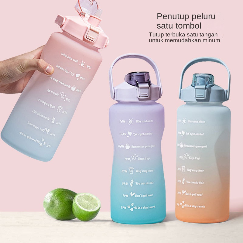 POTE  2000ml Botol Air Besar Botol Olahraga Botol Minum Motivasi Cangkir Air Gradien Dilengkapi Dengan Sedotan /Bernilai Tinggi Dan Portabel