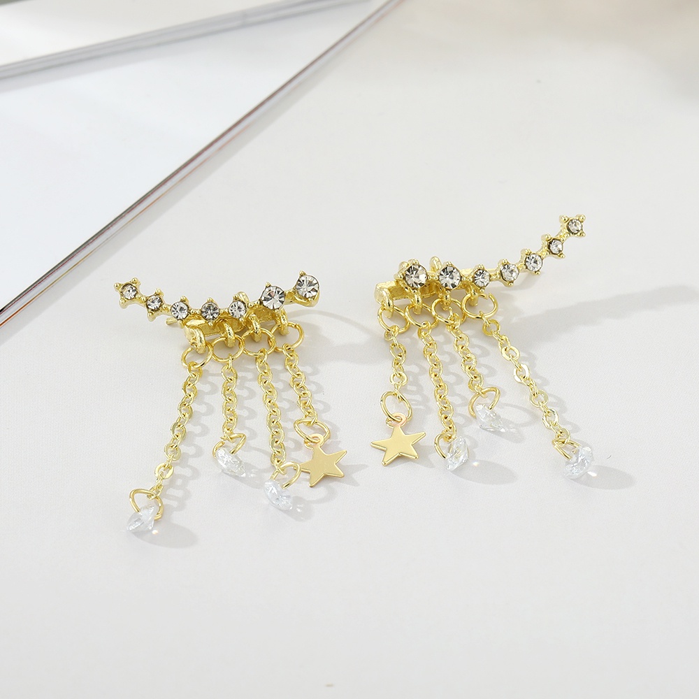 Anting Gantung Panjang Tusuk Gaya Korea Motif Bintang Aksen Kristal + Rumbai Untuk Perhiasan Wanita