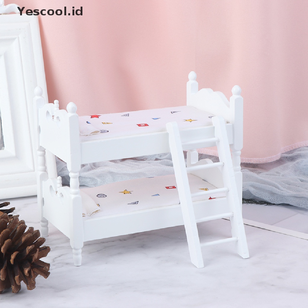 【Yescool】 1:12 Dollhouse Kids Mini Bunk Bed Toy Bedroom Model for Children Doll Accessery .