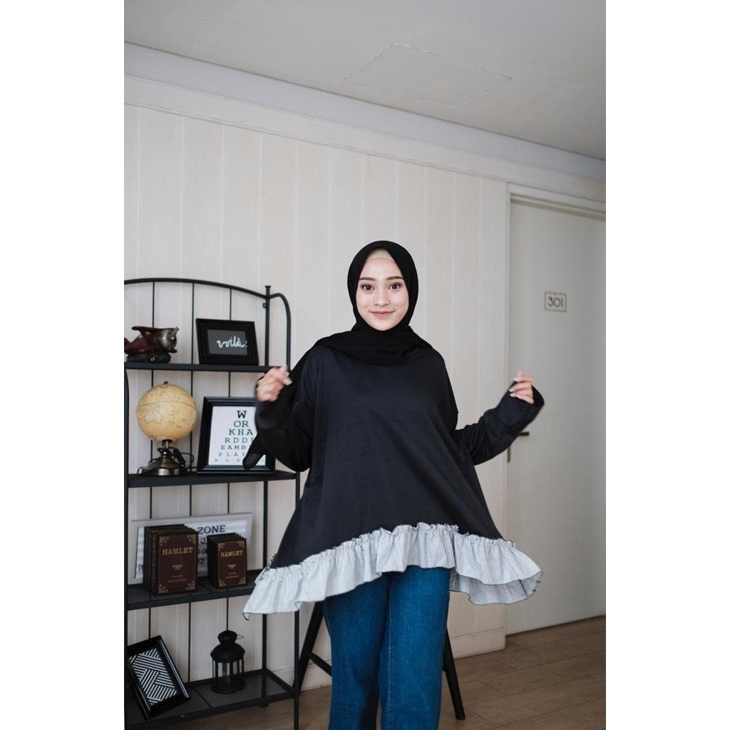 PEONY TOP - ATASAN MUSLIM MURAH SABYAN TUNIK OOTD - Hitam