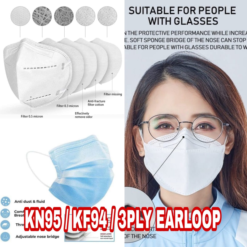KN95 Masker KN95 Face Mask 5ply Isi 50pcs BFE 95% / KF94 Masker KF94 Korea 4ply Isi 10pcs / Earloop 