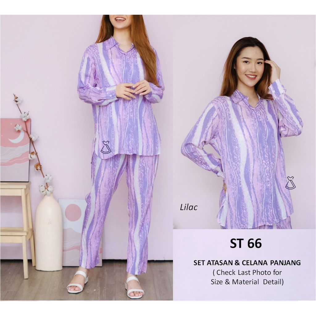 ST66 - SETELAN CASUAL RAYON MOTIF PRINT LILAC WANITA SET ATASAN CELANA PANJANG