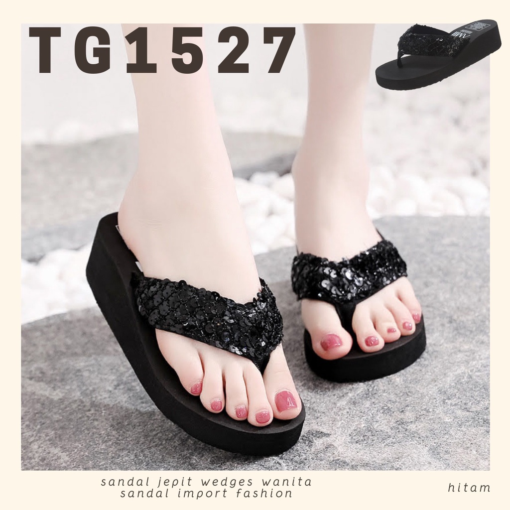 CUCI GUDANG SHOEGALLERY TG1527 SANDAL JEPIT WEDGES WANITA MOTIF SQUIN IMPORT