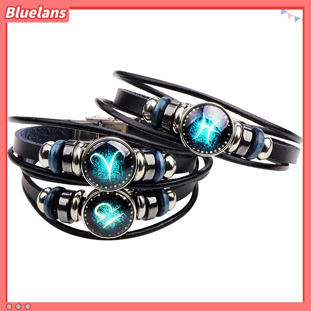 Bluelans Gelang Kulit Multilayer Hias Manik-Manik 12 Rasi Bintang Gaya Retro Untuk Unisex