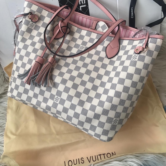 LV NEVERFULL AZUR LIST PINK (AD NO SERI) 30*28*15 (LEBAR ATAS 42CM) GOOD QUALITY KELENGKAPAN SARUNG