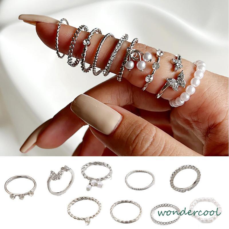 9 PCS Wanita Tipis Berongga Mutiara Kristal Kupu-kupu Berlian Premium Knuckle Ring Set-Won