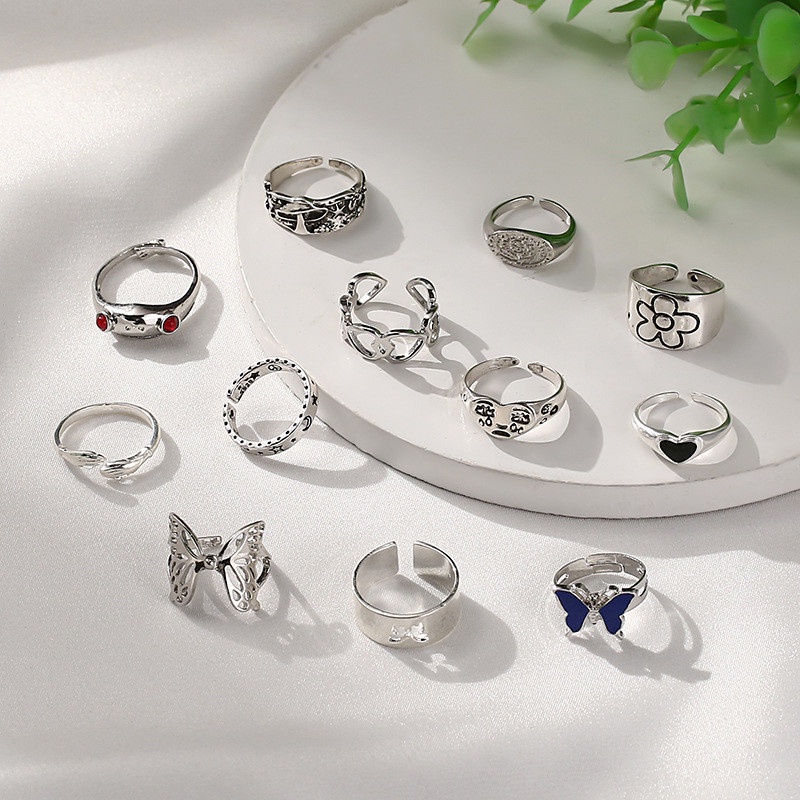 12pcs / Set Cincin Desain Hewan Butterfly Frog Love Aksen Batu Permata Warna-Warni Untuk Wanita