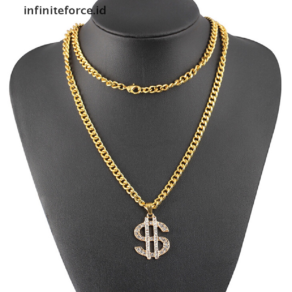 Kalung Liontin Simbol Dollar Lapis Emas Aksen Kristal Gaya Hip Hop