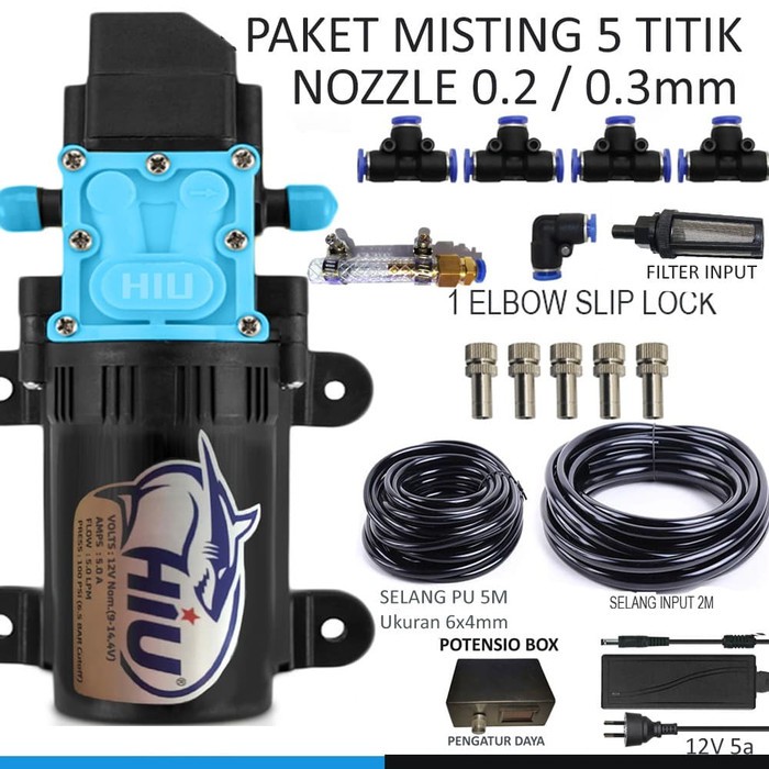 Pompa air DC HIU Alat Kabut atau Paket Misting  5 Titik Nozzle Slip Lock Lengkap Dengan Potensio