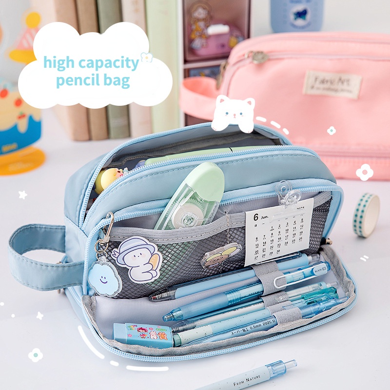 

1piece Ins Korean Pencil Bag Solid Cream Color High Capacity Pencil Case Canvas Stationery Bag for S