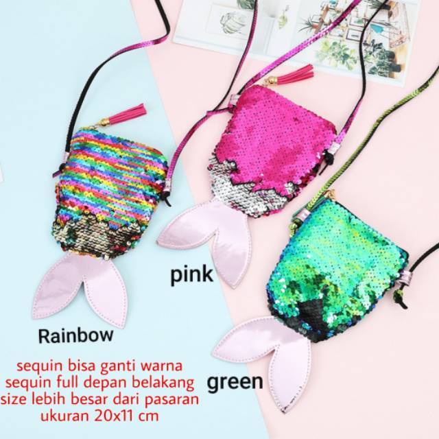 MINI SEQUIN SLING BAG / TAS MINI SELEMPANG MERMAID ANAK IMPORT KOREA MURAH LUCU PINK RAINBOW