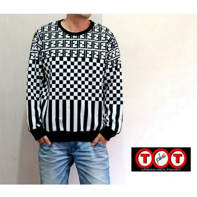sweater motif catur / switer keren murah / crewneck pria