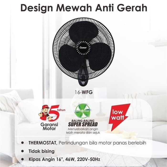 KIPAS ANGIN DINDING COSMOS 16-WFG WALL FAN 16 INCH 46 WATT BLACK ORI