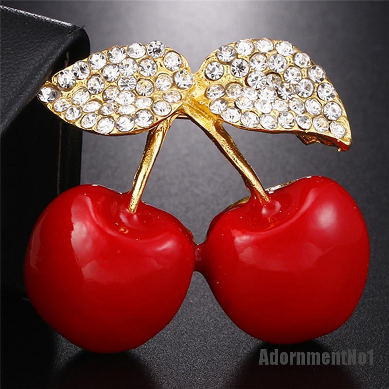 (Adornmentno1) Bros Pin Enamel Ceri Merah Hias Kristal Berlian Imitasi Untuk Wanita