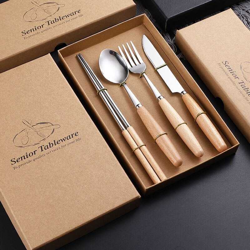 [ORIGINAL] Alat Makan Formal Sendok Garpu Pisau Sumpit Dinner Lunch Cutlery Set Perlengkapan Kayu Wooden Stainless Steel Anti Karat