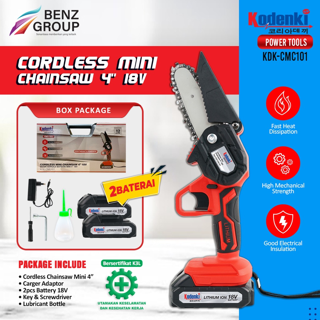 Kodenki Mini Cordless Chainsaw 4" 2 Baterai Chainsaw Gergaji Rantai Elektrik Mini 4" Senso Mesin Pot