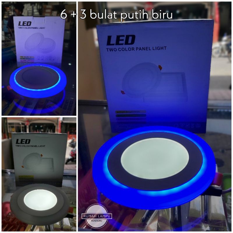 Lampu downlight panel inbow 2 warna 6+3 bulat putih biru