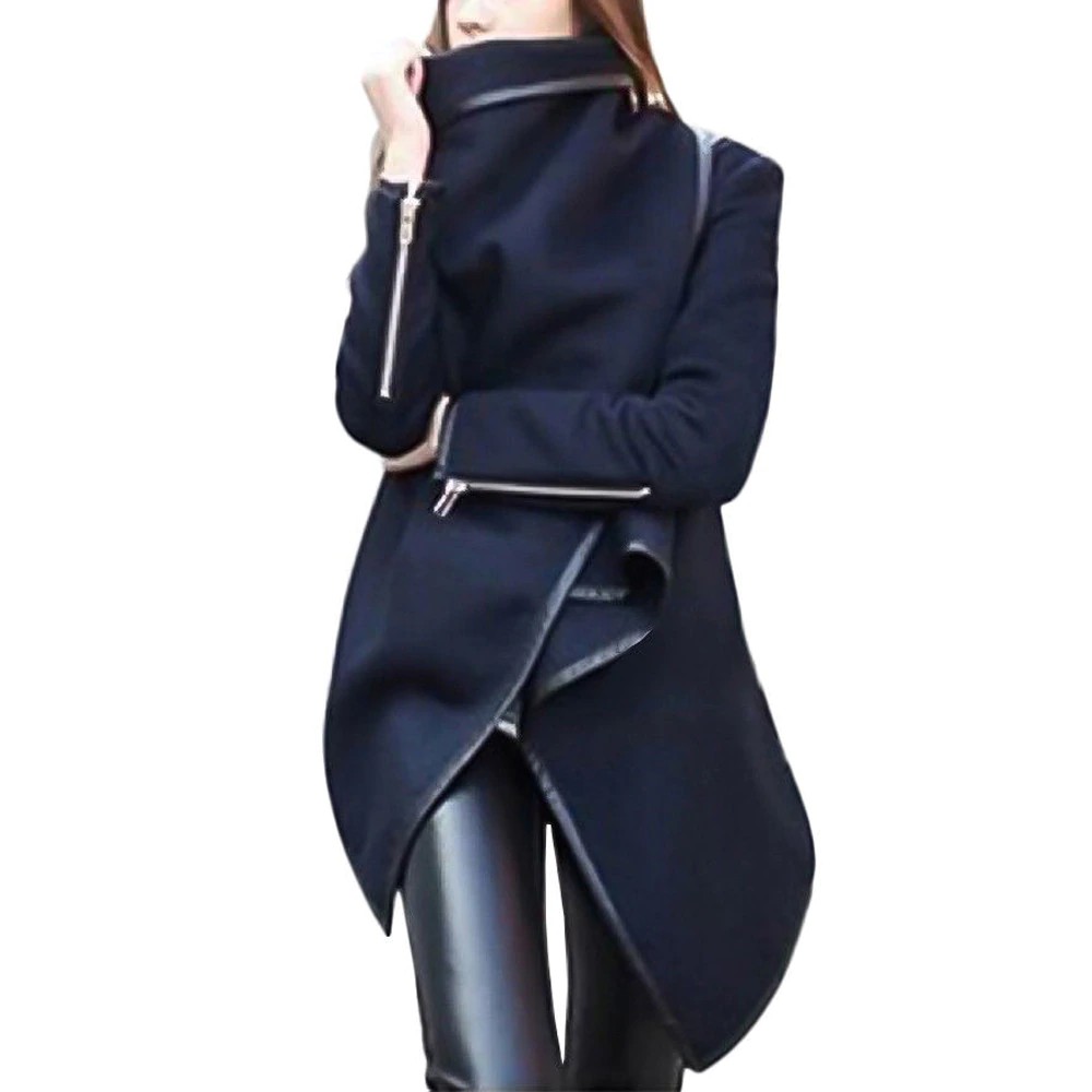 Women Wool Coat Women irregular Bow Zippers Sleeve Long Warm Coat Wool Jacket Parka Windbreaker