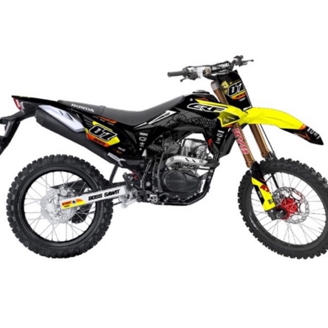 DECAL CUSTOME CRF 150 L Hitam Kuning Merah Bebas design Bebas Nama rider Nomr Start Dll