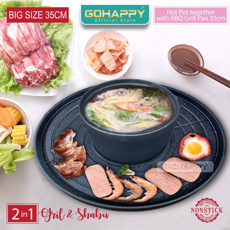 ALAT PANGGANG 2FUNGSI Gohappy Tepannyaki GHK40 BEST Grill pan BBQ 35CM Steamboat panci shabu shabu pan diatas kompor