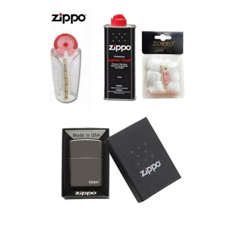 Paket Komplit Korek Zippo Black Ice Plus Minyak Zippo Batu Zippo Kapas Dan Sumbu