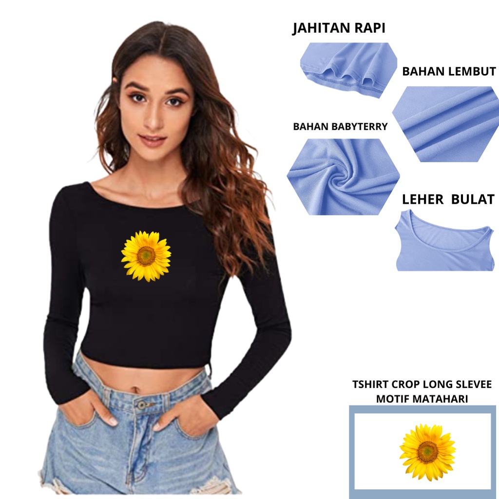 Choice Ali - Baju Crop Wanita Lengan Panjang Kaos Crop Korea Bunga Matahari