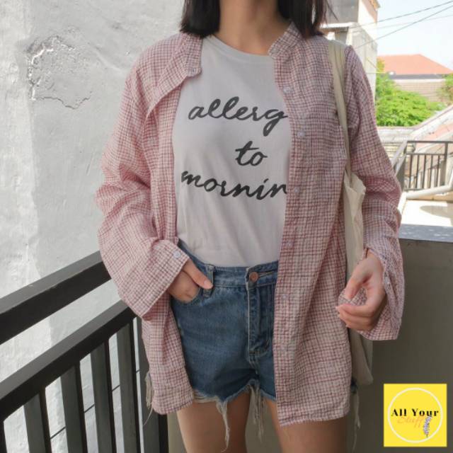 BAJU KEMEJA FLANEL LONG SLEEVE PINK THRIFT WANITA