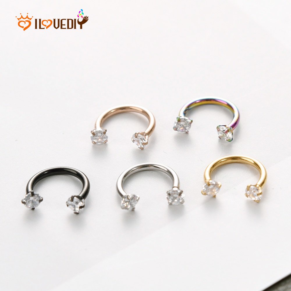 Cincin Hidung Bentuk U Bahan Stainless Steel Aksen Berlian Imitasi