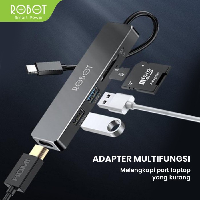 ROBOT HT240S USB C HUB 5-in-1 Type C Adapter SD/TF Card Reader Black