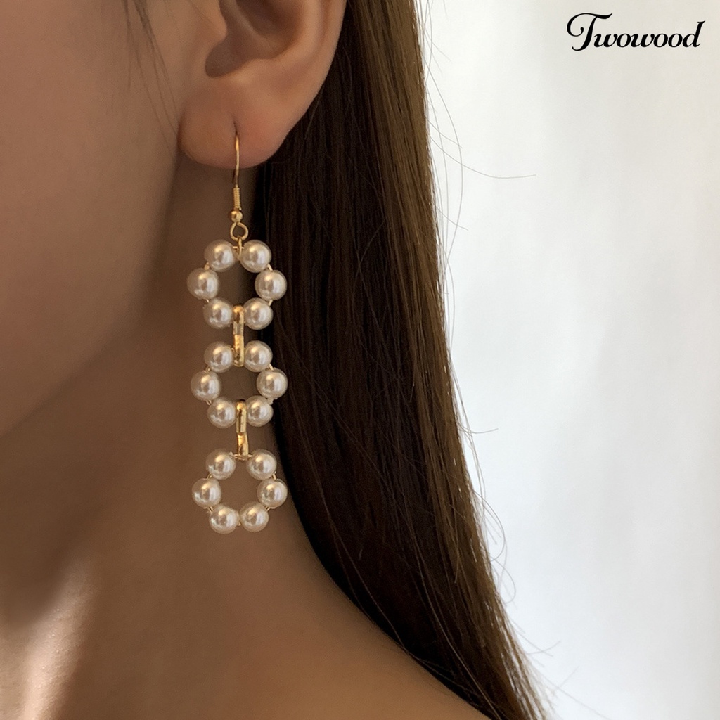 Twowood 1 Pair Women Earrings Imitation Pearl Flower Tassel Jewelry All Match Long Dangle Hook Earrings for Dating