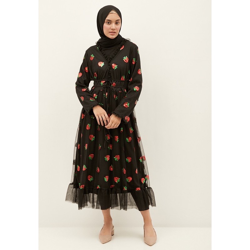 Strawberry Midi Tulle Dress / Gaun Viral Wanita Motif Strawberry