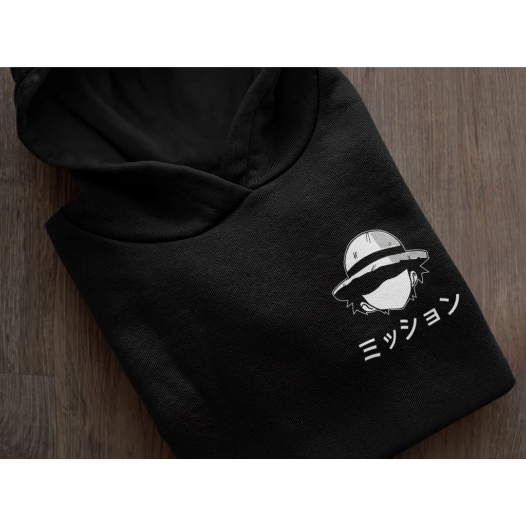 Hoodie Luffy Hats Kanji Black Anime Manga One Piece Premium Unisex