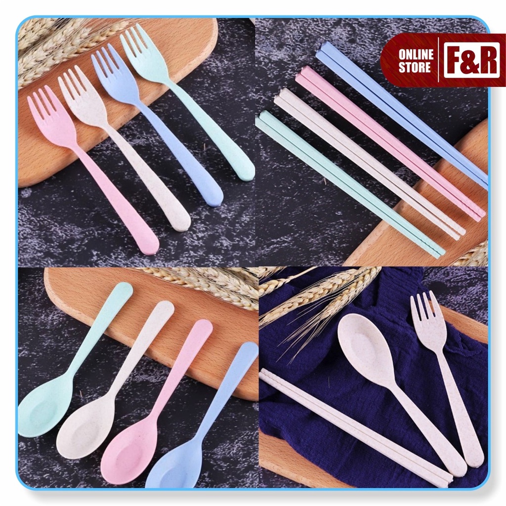 1 Set Alat Makan Sendok Garpu Sumpit + Box Plastik Jerami Wheat Straw Portable Travel Cutlery